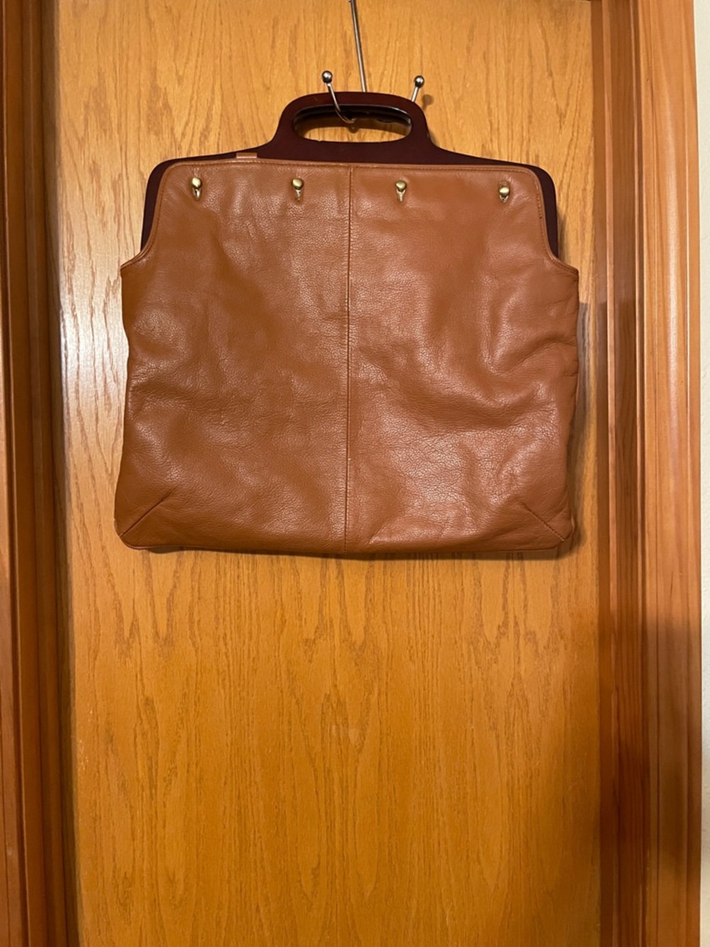 Classic Tan Leather Tote with Wooden Top Handle